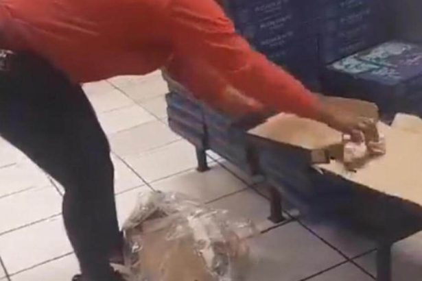 Woman in Roman's Pizza Uniform Cleans and Reuses Pizza Boxes