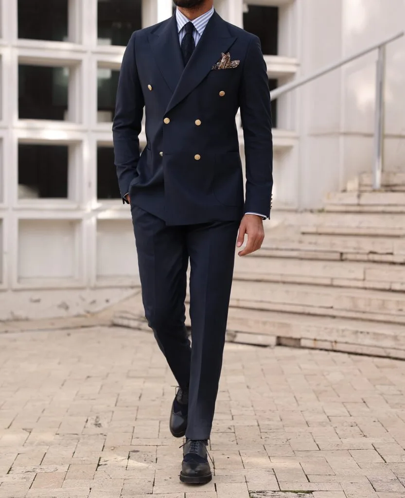 calverley walk slim fit dark navy blue double breasted two piece mens suit with gold buttons and peak lapels 5