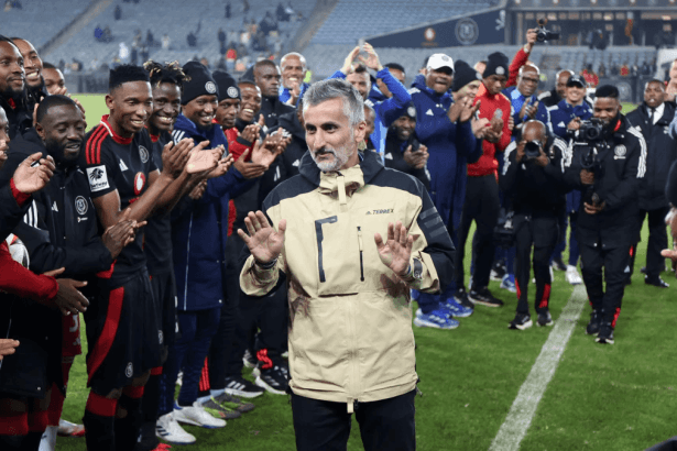 Orlando Pirates players celebrate Jose Riveiro